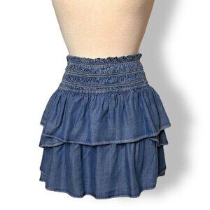NWT Kendall Lane Smocked Tiered Jeans Denim Chambray Mini Skirt Sz XS